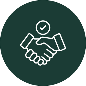 Icon of a handshake with a checkmark above it.