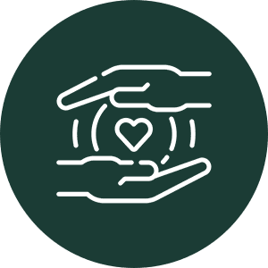 Two hands protect a heart, symbolizing care and support.
