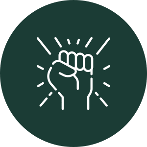 A raised clenched fist with radiant lines symbolizing power or solidarity.
