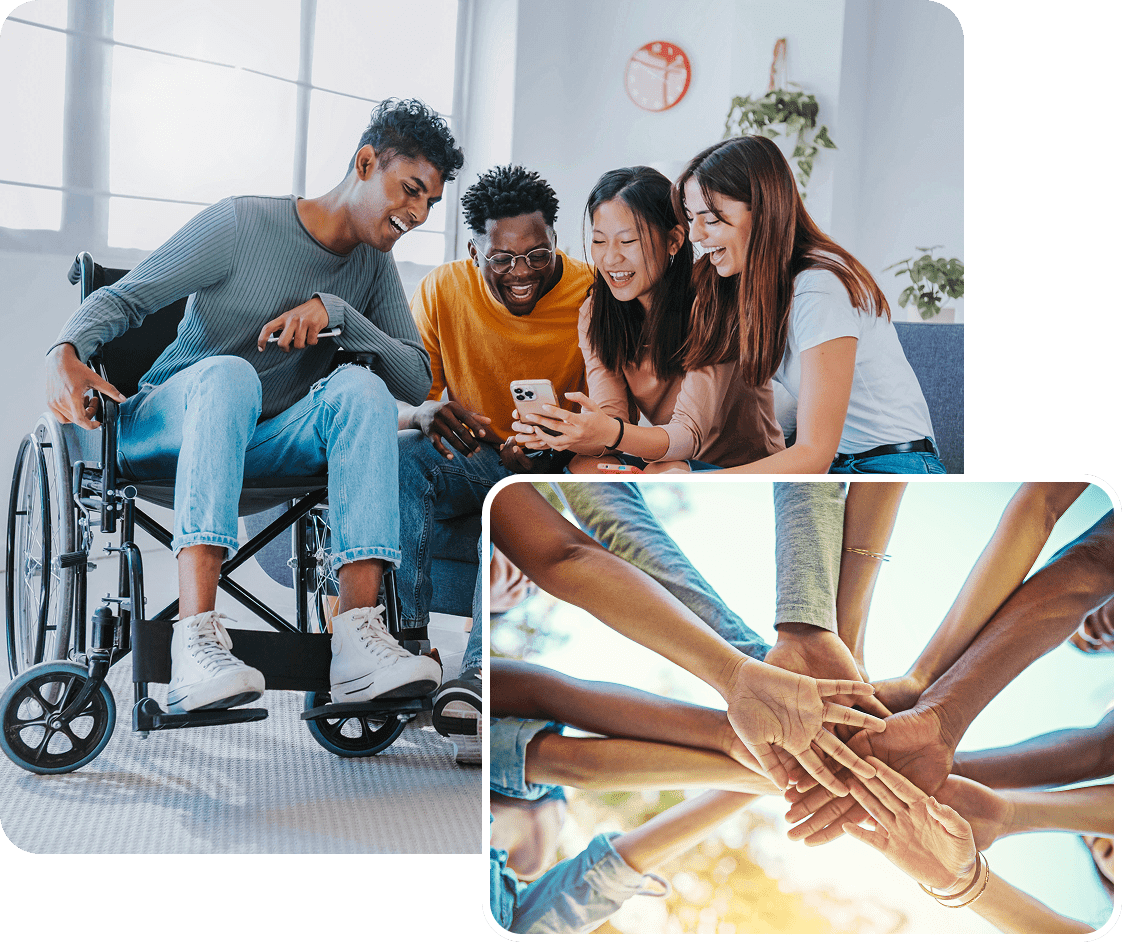 A group of friends enjoying together with smiles and high energy.