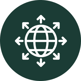 White globe with outward arrows on dark green background.